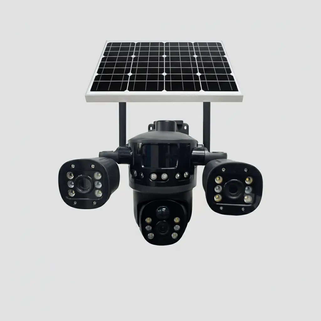 V380-T36 دوربین چرخشی بی سیم خورشیدی سیم کارتی OKAM PRO مدل T36 سه لنز ۱۲ مگاپیکسل - تصویر 1
